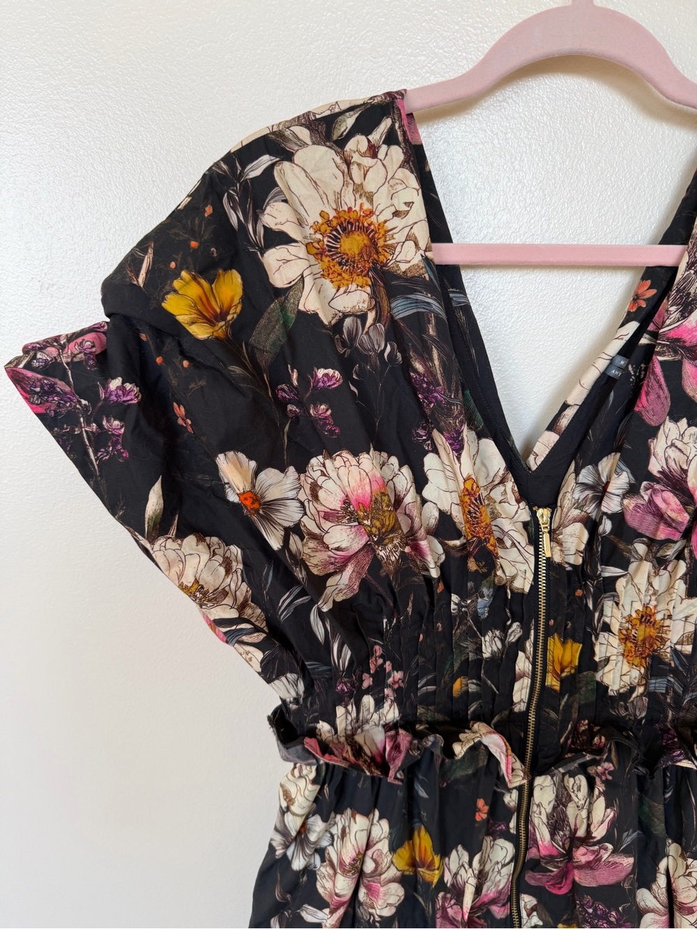 ANTHROPOLOGIE V-Neck Zip Front Midi Dress in Black Colorful Floral - Picture 3 of 13